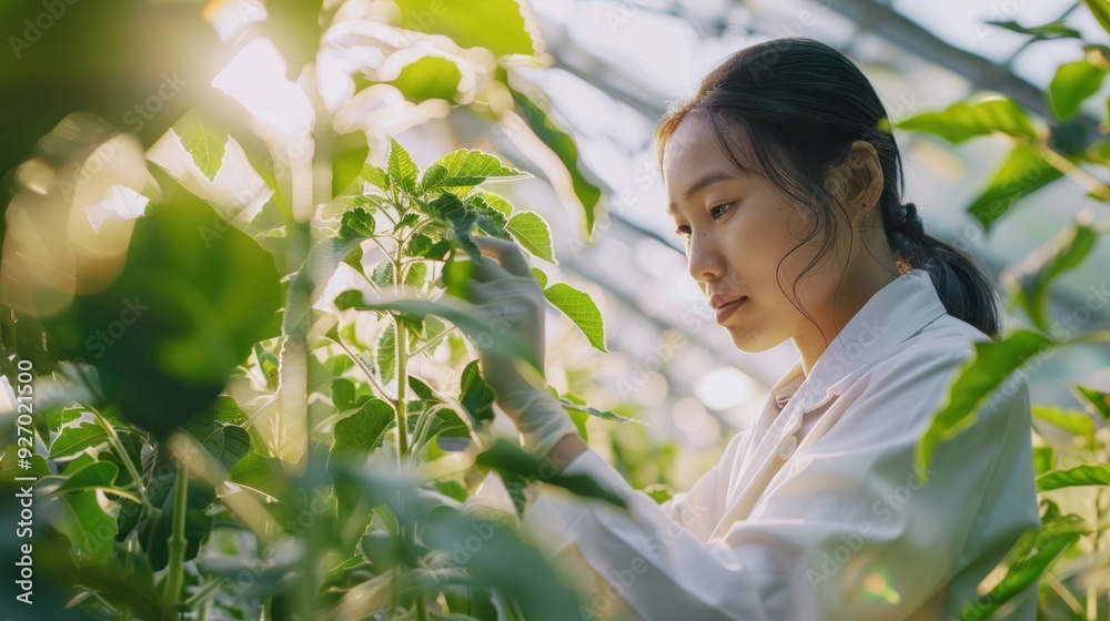Woman inspecting plants in a greenhouse Woman inspecting plants in a greenhouse