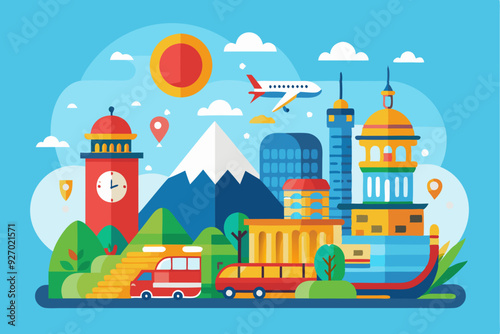 Cityscape with Clock Tower, Mountain, and Airplane