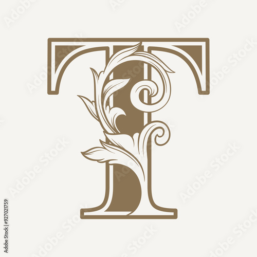 stylized fancy letter T with a leaf flower vintage ornament