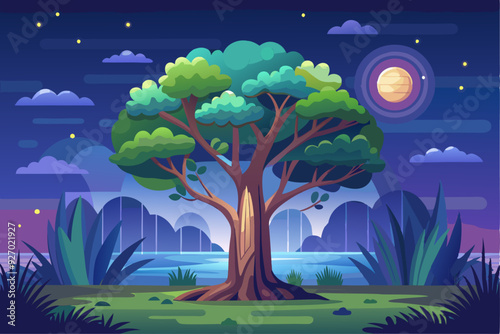 Nighttime Landscape with a Large Tree and a Distant Planet