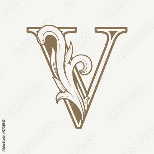 stylized fancy letter V with a leaf flower vintage ornament