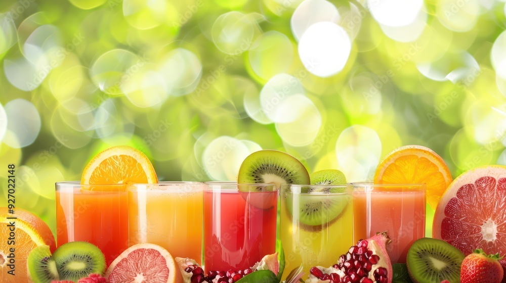 Refreshing Fruit Juice with a Blurred Green Background Refreshing Fruit Juice with a Blurred Green Background