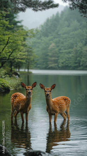 Deers in the forest. Deer in a green forest with a lake. Deer in a lake. Spring time forest with wildlife in it. Deers. Wildlife in the woods