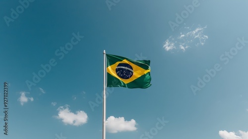 Brazilian flag waving proudly against a clear blue sky.