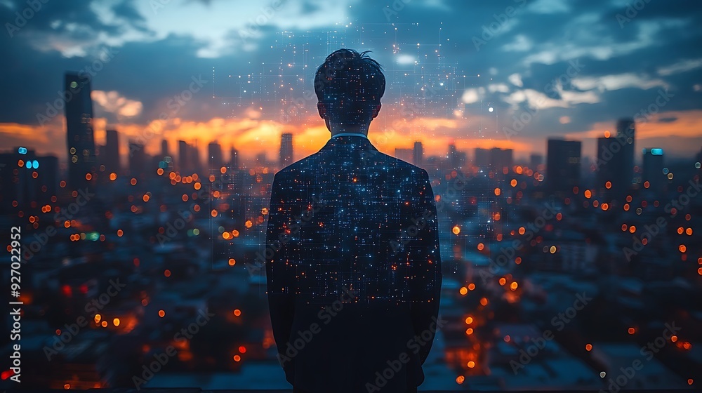 A man in a suit stands on a rooftop overlooking a city skyline at night, with glowing digital network around him.