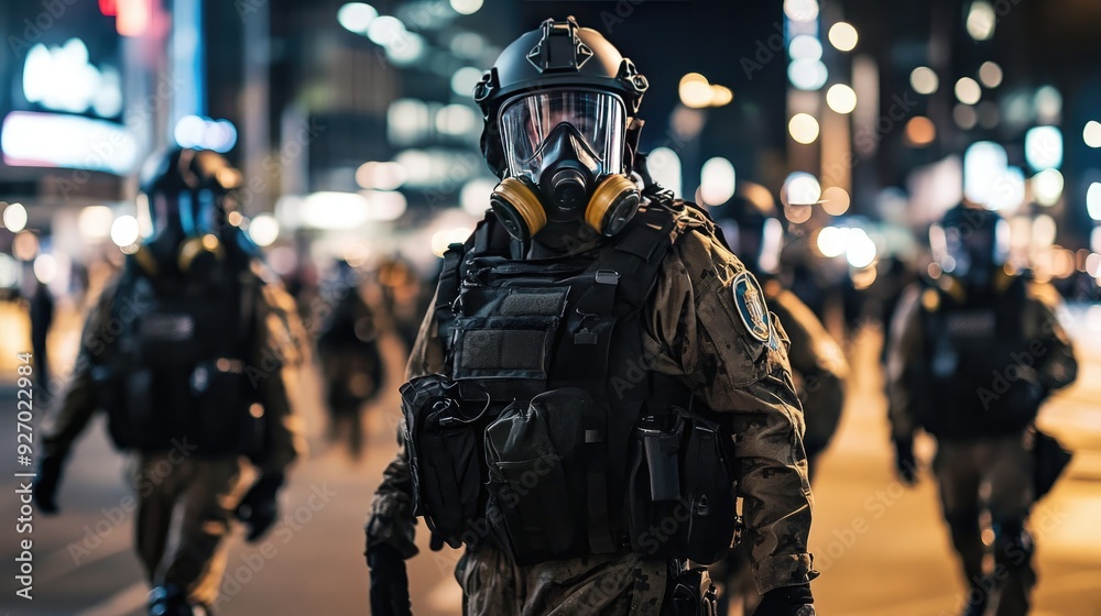 City security with a police team in body armor and gas masks, patrolling to ensure safety during a tense situation City security with a police team in body armor and gas masks, patrolling to ensure safety during a tense situation