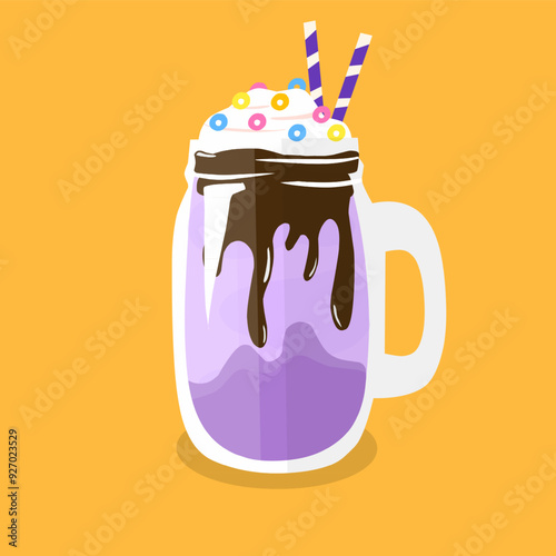 Glass of frappe milkshake with taro and Chocolate flavor vector illustration 