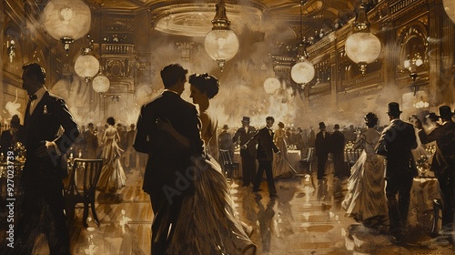 A couple dances in a grand ballroom, illuminated by glittering chandeliers, as guests mingle and celebrate.  The scene is full of warmth and elegance.