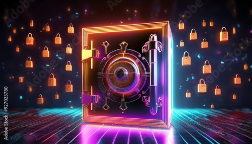 A vibrant digital safe surrounded by glowing locks, representing security and protection in a modern virtual space.
