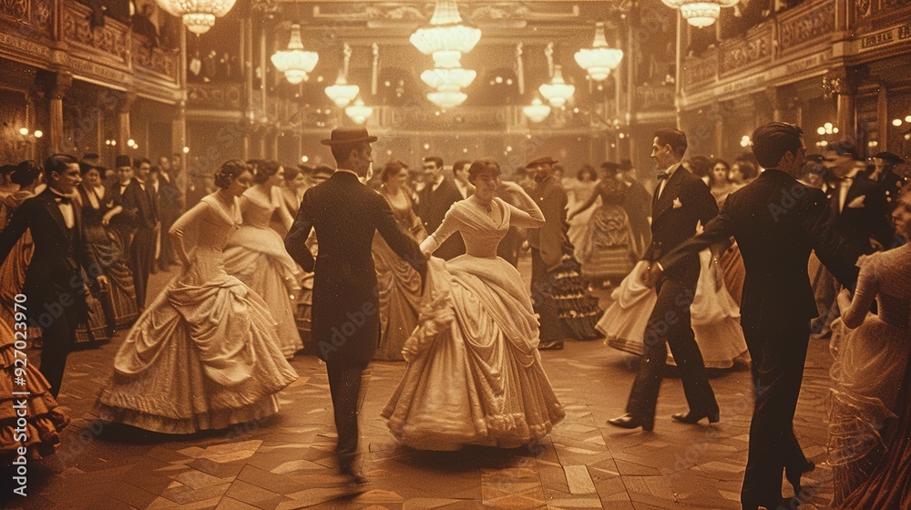 A couple dances at a grand ball, surrounded by other guests in period attire. The scene is lit by chandeliers and the warm glow of the ballroom. The image has a vintage, almost sepia tone. A couple dances at a grand ball, surrounded by other guests in period attire. The scene is lit by chandeliers and the warm glow of the ballroom. The image has a vintage, almost sepia tone.