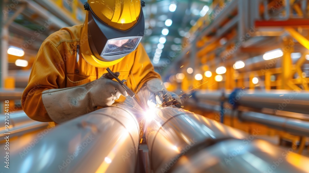 A skilled worker uses welding equipment to connect metal pipes in a bright industrial setting, showcasing precision and craftsmanship. A skilled worker uses welding equipment to connect metal pipes in a bright industrial setting, showcasing precision and craftsmanship.