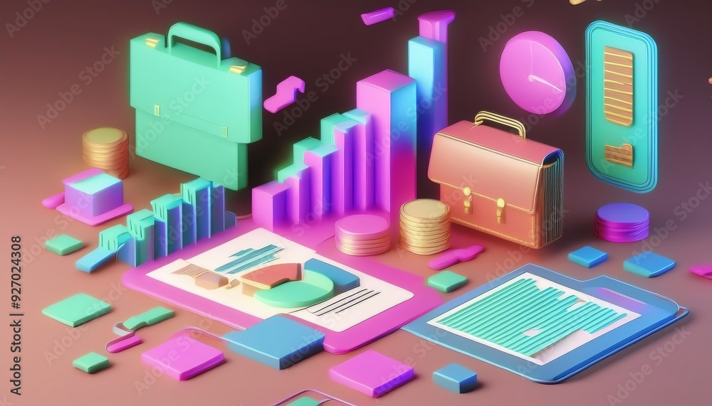 Vibrant 3D illustration showcasing business graphics, charts, and tools for modern finance and marketing strategies. Vibrant 3D illustration showcasing business graphics, charts, and tools for modern finance and marketing strategies.