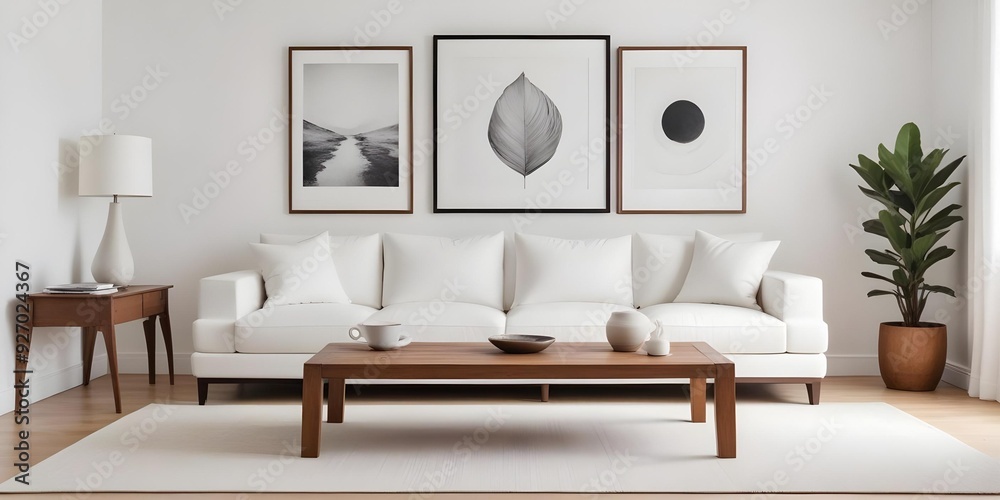 Fototapeta premium A minimalist living room with a white sofa, a wooden coffee table, and a white wall with framed artwork.