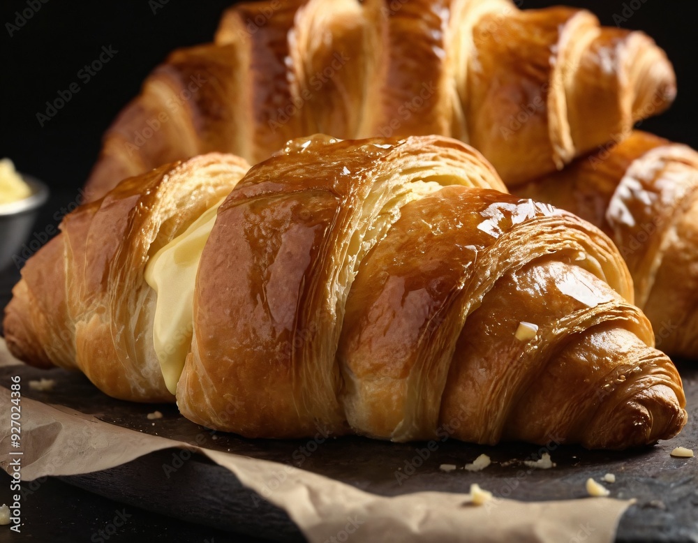 Close-Up of a Freshly Baked Croissant with Butter Melting on Top. Ai generated image. Close-Up of a Freshly Baked Croissant with Butter Melting on Top. Ai generated image.