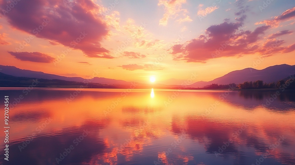 Golden Hour Serenity: A breathtaking sunset paints the sky with vibrant hues of orange and purple, casting a warm glow on a tranquil lake surrounded by majestic mountains. Golden Hour Serenity: A breathtaking sunset paints the sky with vibrant hues of orange and purple, casting a warm glow on a tranquil lake surrounded by majestic mountains.