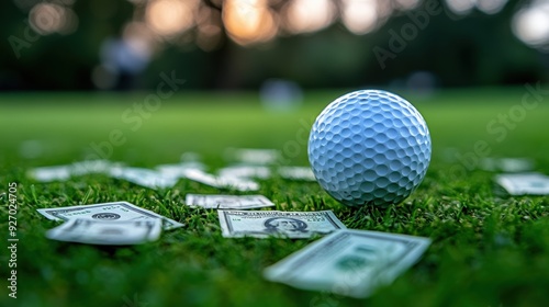 A close-up of a golf ball resting on a tee, with money scattered on the grass, capturing the essence of a wagered game