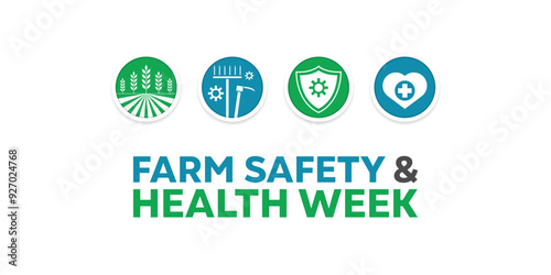 National Farm Safety & Health Week. Farm, tool, shield and heart. Great for cards, banners, posters, social media and more. White background.