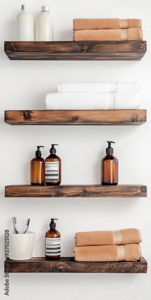 neatly arranged wooden shelves against white wall in modern bathroom decor with natural texture and minimalistic style neatly arranged wooden shelves against white wall in modern bathroom decor with natural texture and minimalistic style