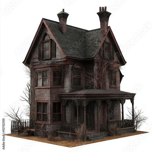 isolated haunted house with a dark, creepy exterior, featuring a cracked facade and overgrown surroundings photo