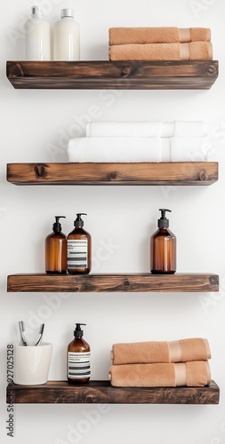 neatly arranged wooden shelves against white wall in modern bathroom decor with natural texture and minimalistic style