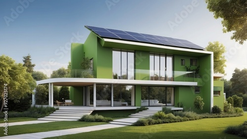 Modern eco-friendly house with green walls, solar panels, and large windows.