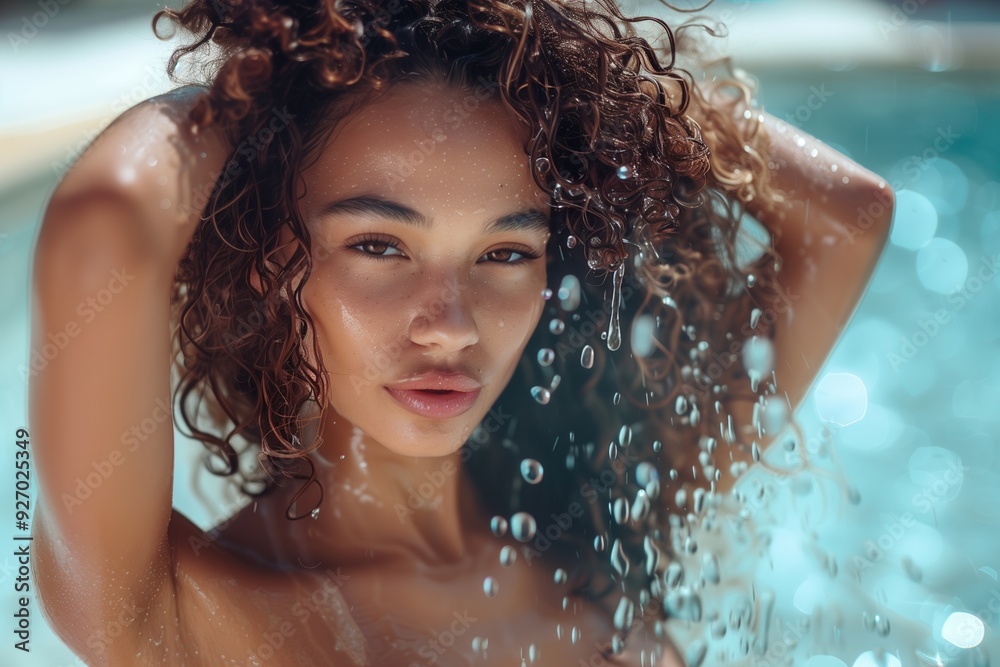 A woman with curly hair, emerging from the water with water droplets on her skin and hair.