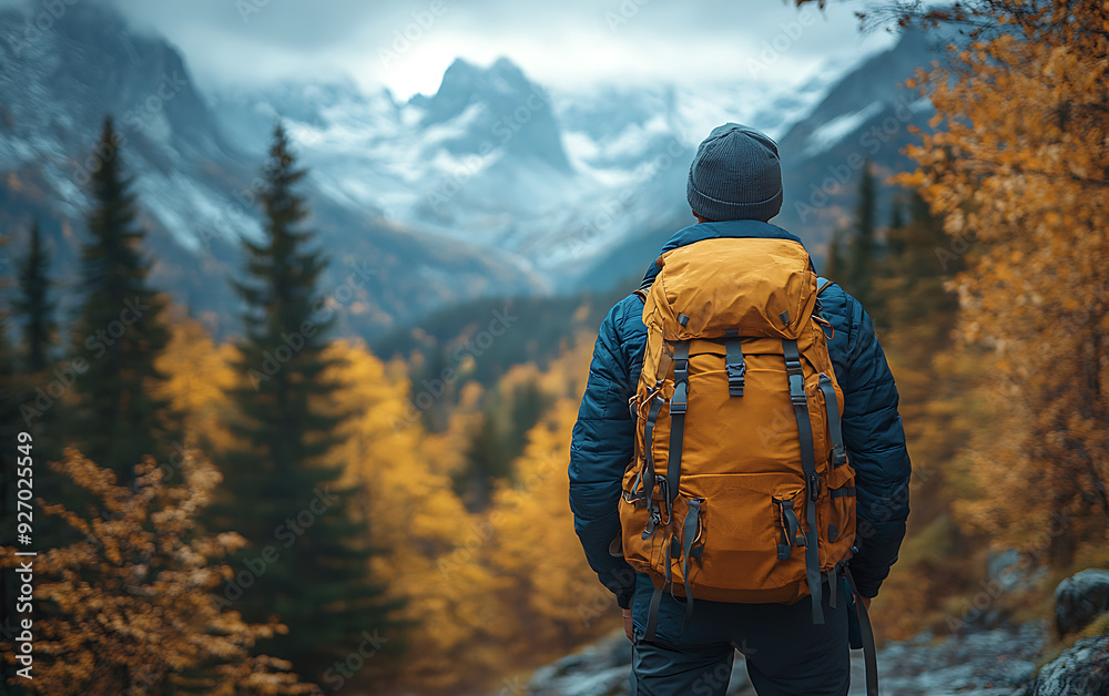 Backpacker in Autumn Landscape: Traveler Hiking in Mountain Scenery Backpacker in Autumn Landscape: Traveler Hiking in Mountain Scenery