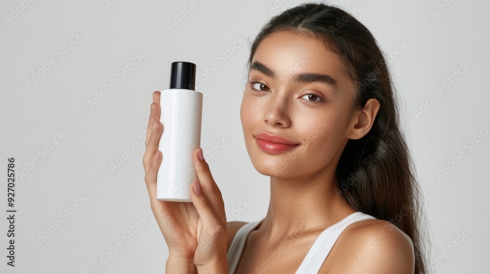 Young model holding a white bottle of skin cream with a sleek black lid Young model holding a white bottle of skin cream with a sleek black lid