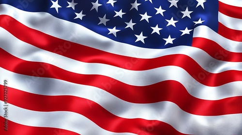 Close-up of a waving American flag with a focus on the red and white stripes.