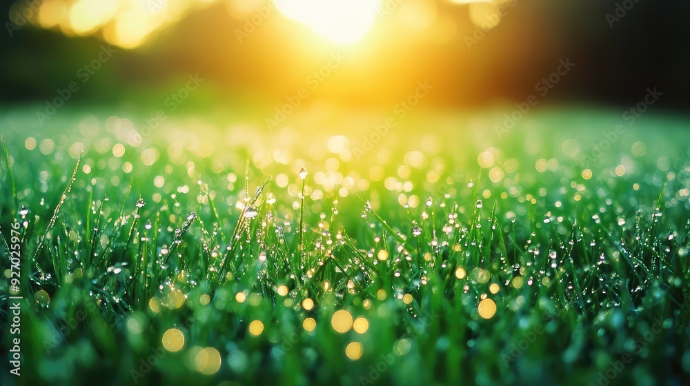 Obraz premium A field of dew-covered grass, with droplets creating a sparkling blanket across the ground.