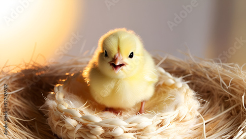 A small adorable yellow chick with fluffy fea ai generative photo