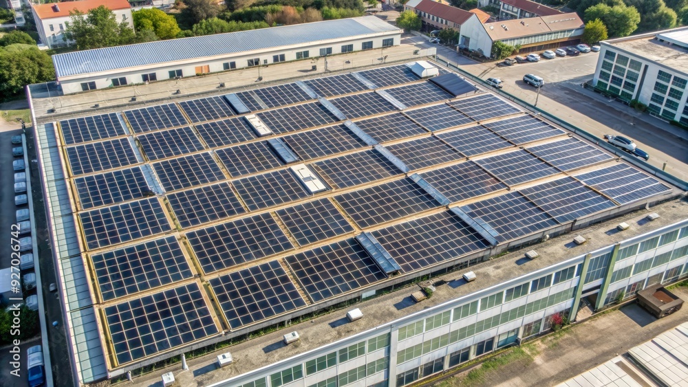An aerial perspective of a factory building with a large solar panel system installed on its roof. The image symbolizes sustainability, renewable energy, and environmental consciousness. An aerial perspective of a factory building with a large solar panel system installed on its roof. The image symbolizes sustainability, renewable energy, and environmental consciousness.