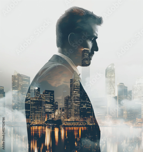 Double exposure of businessman during sunset overlay with cityscape, modern business world and city life.
 photo