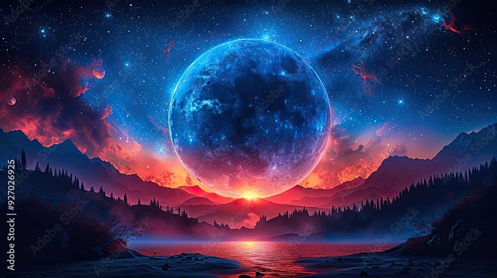 blue starry sky landscape at dusk against red sunset clouds background wide view of universe with stars and moon blue starry sky landscape at dusk against red sunset clouds background wide view of universe with stars and moon