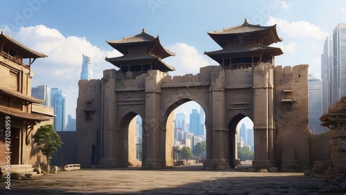 Ancient city gate standing tall, a remnant of a bygone era, surrounded by modern buildings