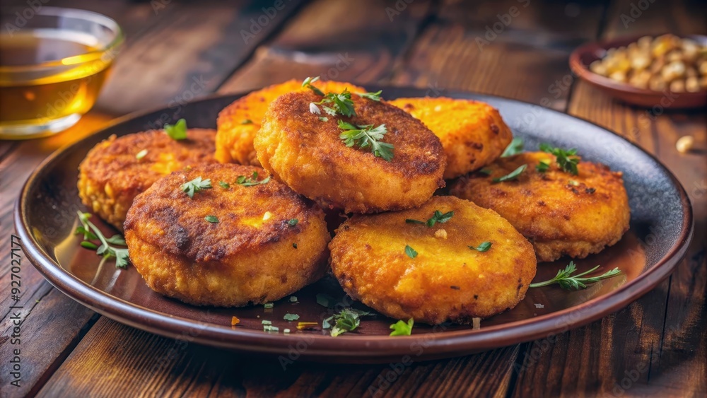 A plate of golden fried potato patties, crispy and delicious, on a wooden table with a bowl of honey and nuts. A classic comfort food with a rustic charm. A plate of golden fried potato patties, crispy and delicious, on a wooden table with a bowl of honey and nuts. A classic comfort food with a rustic charm.