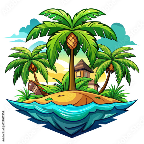 Tropical Island with Palm Trees and a Small House