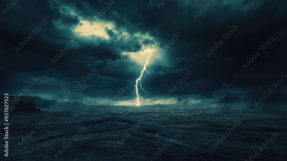 A dark, stormy sky over a barren landscape, with a bright lightning bolt hitting the ground. A dark, stormy sky over a barren landscape, with a bright lightning bolt hitting the ground.