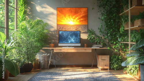 home office environments, highlighting the versatility of remote workspaces. Include varied styles from minimalist setups to cozy, plant-filled spaceh photo