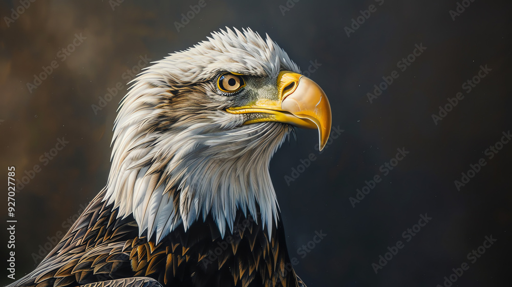 lose-up of a bald eagle with a brown and white head and a yellow beak