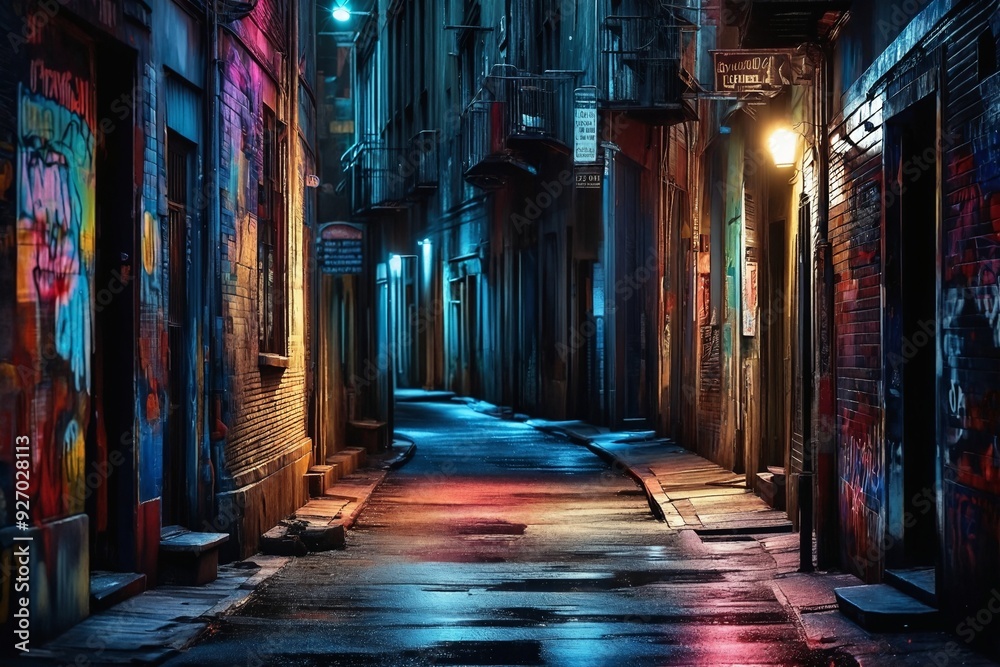 Fototapeta premium Nighttime City Alley with Graffiti