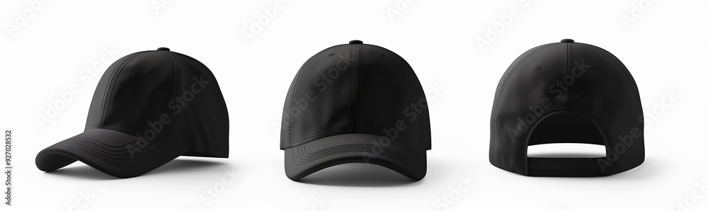 Mockup of a black cap front, back and side view can be use for multipurpose Mockup of a black cap front, back and side view can be use for multipurpose