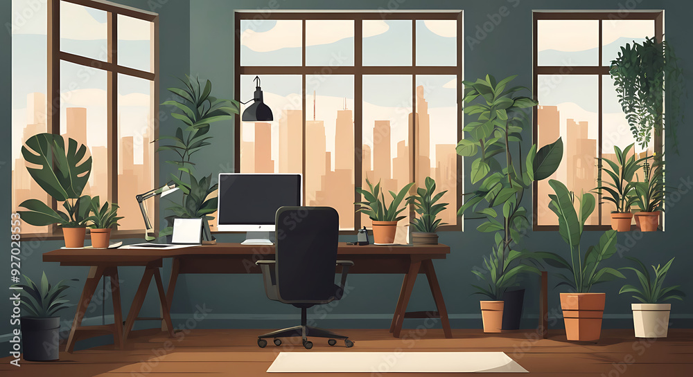 2D Flat-Style Illustration of a Modern Workspace with a Desk, Computer, and Plants, Featuring Clean Lines and Ample Copy Space for Custom Designs 2D Flat-Style Illustration of a Modern Workspace with a Desk, Computer, and Plants, Featuring Clean Lines and Ample Copy Space for Custom Designs