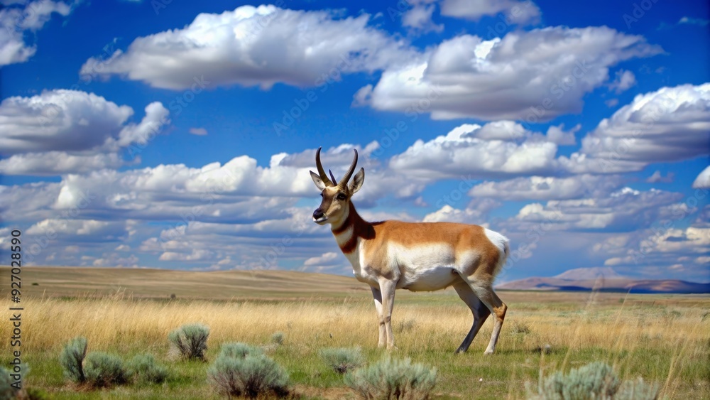 A pronghorn antelope stands in a field of grass, looking out at the horizon. The sky is blue with fluffy white clouds. The antelope is a symbol of speed, agility, and resilience. It is also a symbol o A pronghorn antelope stands in a field of grass, looking out at the horizon. The sky is blue with fluffy white clouds. The antelope is a symbol of speed, agility, and resilience. It is also a symbol o
