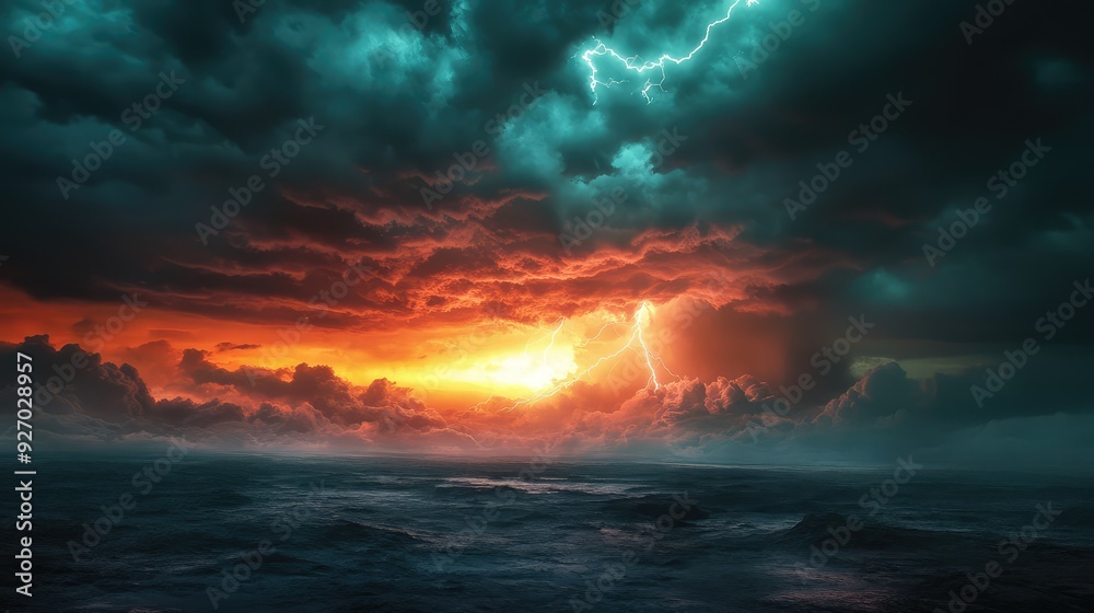 A stormy sky with heavy clouds, over a vast, empty terrain, illuminated by a lightning strike.