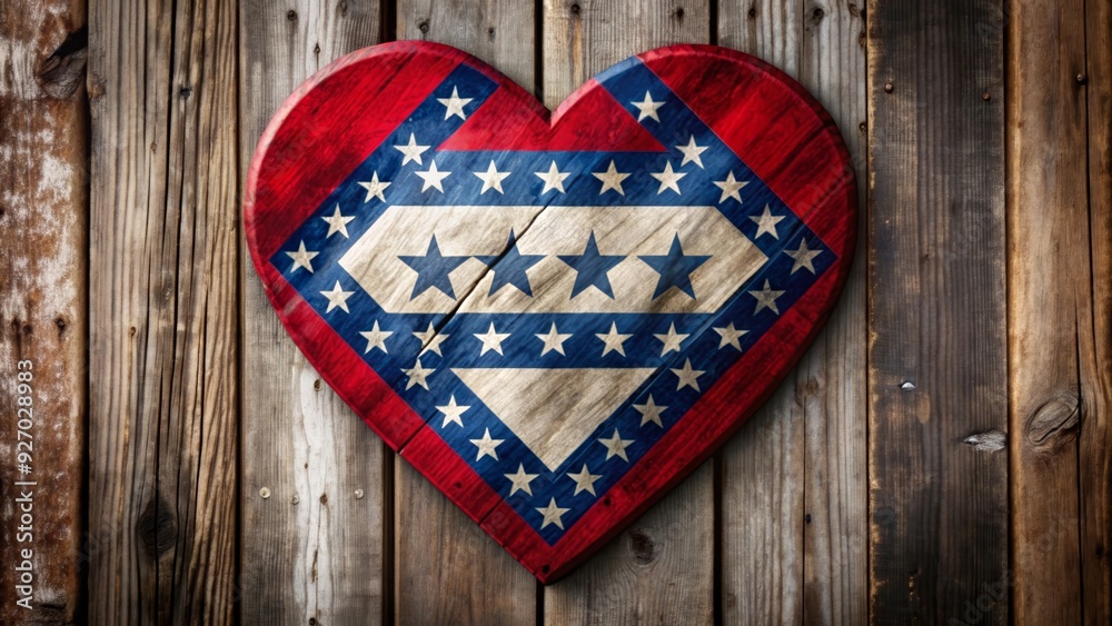 Obraz premium A heart-shaped wooden sign painted with the colors and design of the American flag, representing patriotism, love, and unity.