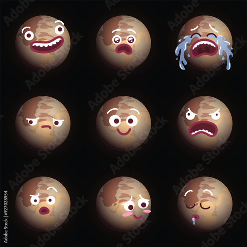 Funny cartoon illustration of Pluto with different expressions. Smiling surprised crying sad happy angry confused blushing sleeping faces emojis. Flat colors