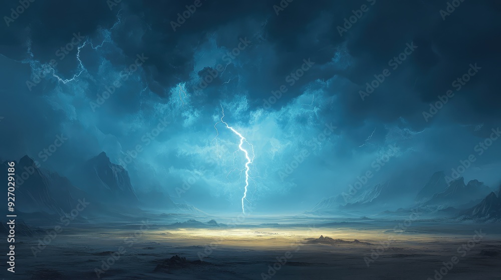 A vast, empty desert under a threatening storm, with a single lightning bolt piercing the ground. A vast, empty desert under a threatening storm, with a single lightning bolt piercing the ground.