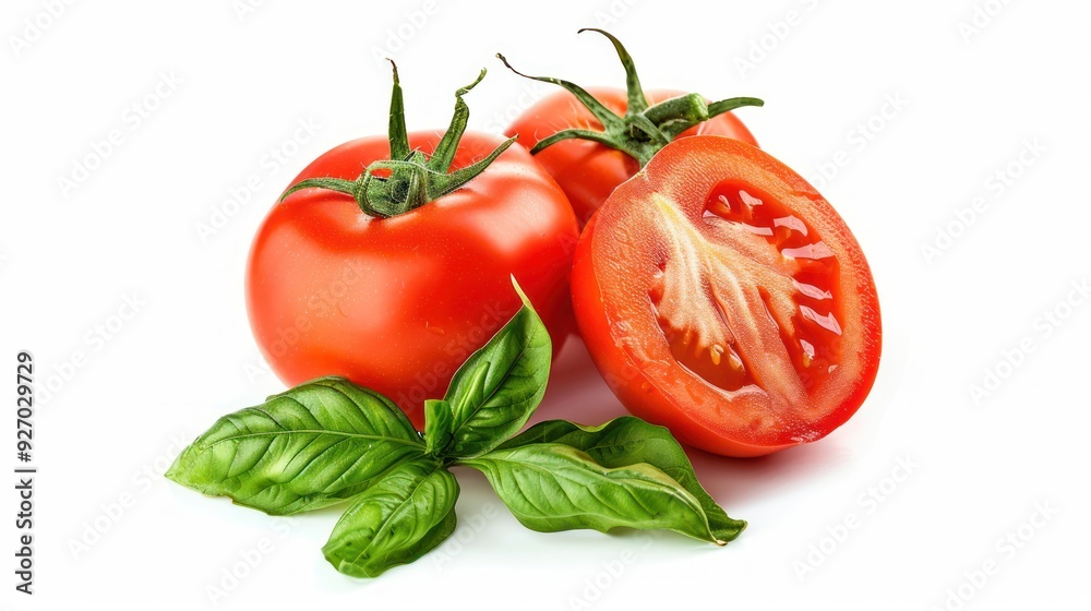 Fototapeta premium Fresh Red Tomatoes with Green Basil Leaves
