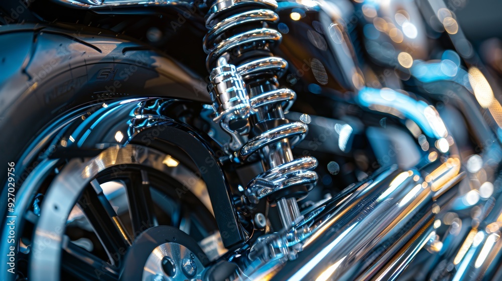 Intricate Custom Motorcycle Suspension System Highlighting Detailed Craftsmanship Intricate Custom Motorcycle Suspension System Highlighting Detailed Craftsmanship